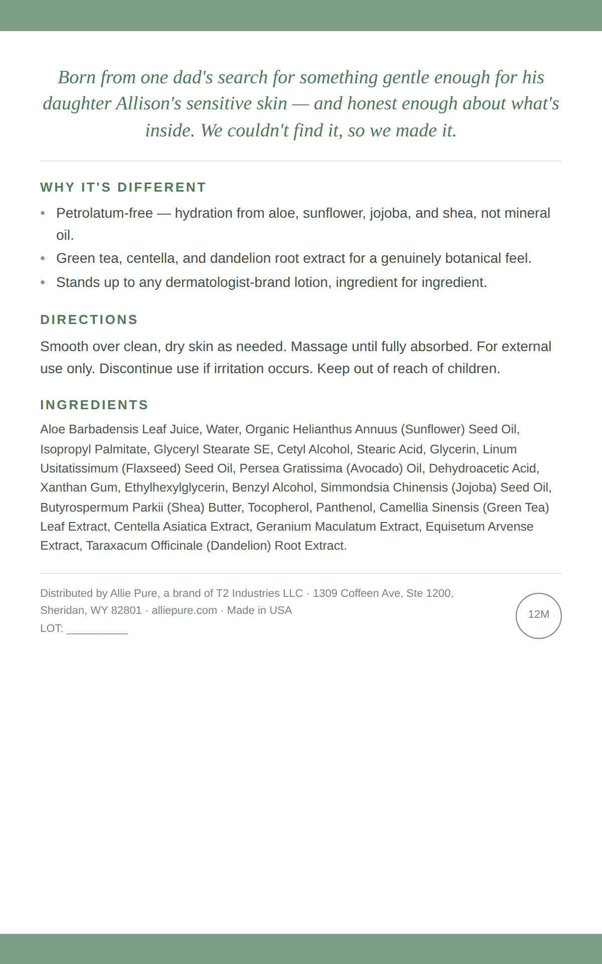 Botanical Body Lotion back label
